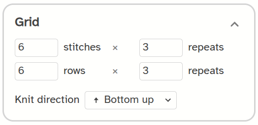 The Grid section with the stitches, rows, and repeats fields and the Knit direction dropdown