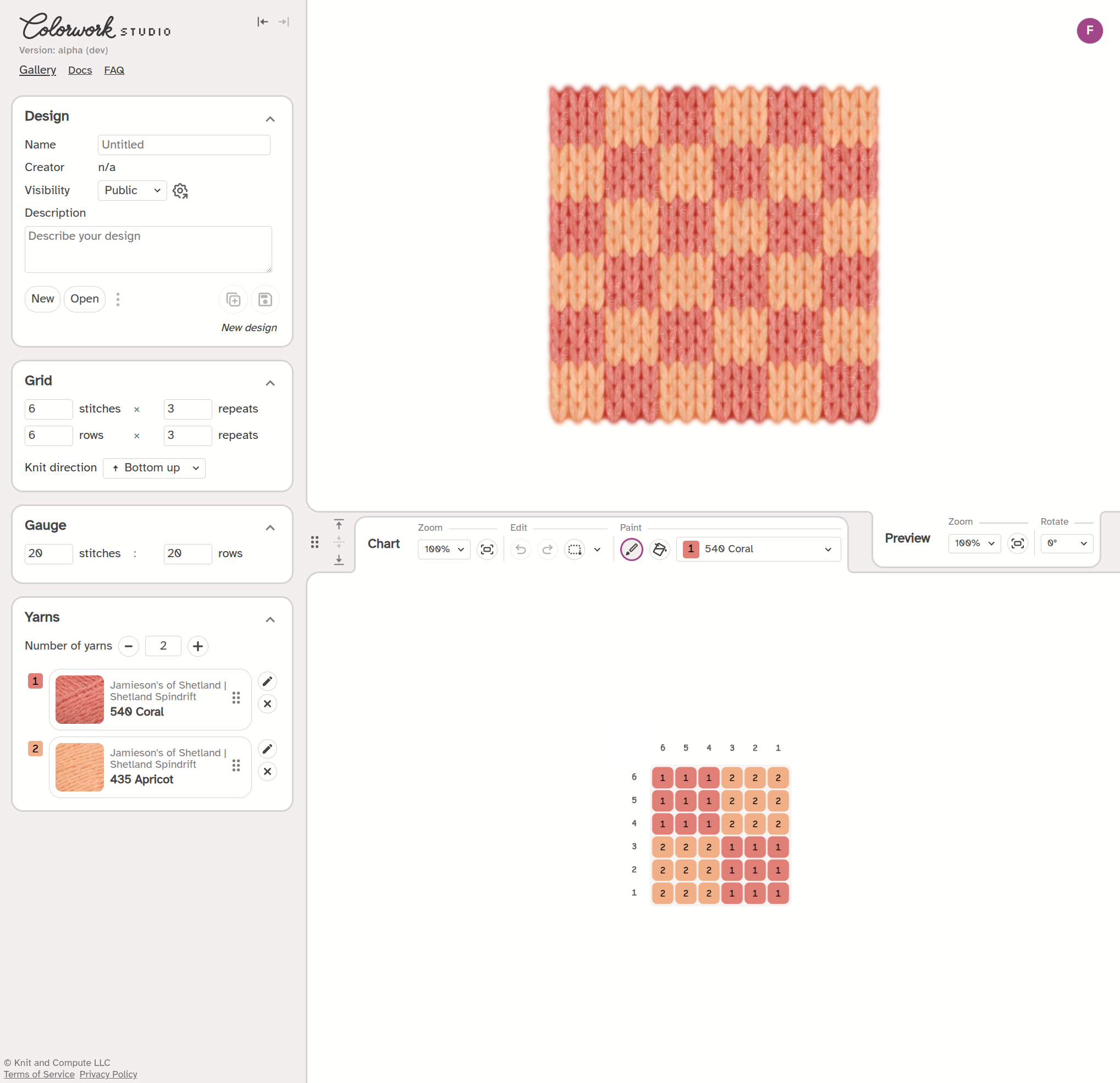 The studio, with the side panel (1), the preview and its Preview tab (2), and the chart and its Chart tab (3) outlined