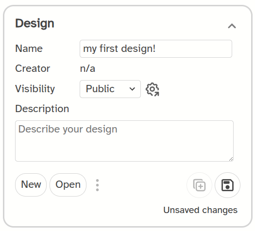 The Design section with unsaved changes, with the Save icon (1) outlined