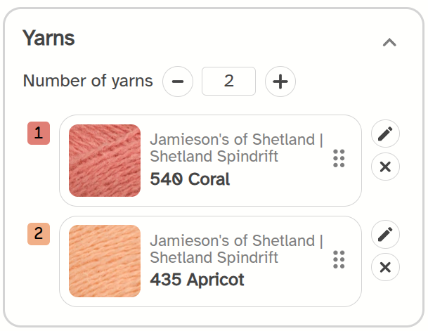 The Yarns section with two yarns in numbered slots