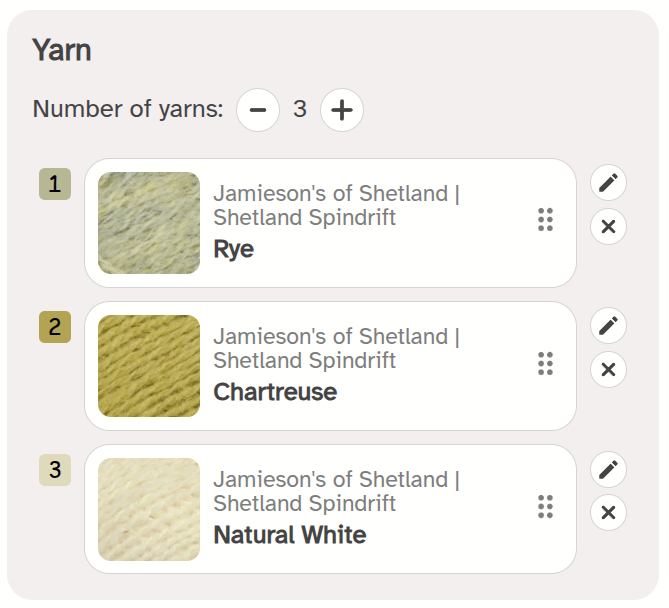 The configurable set of yarns in the pattern.