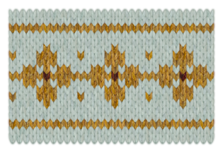A knit swatch of gold four-petal flowers between zigzag borders on a pale blue ground