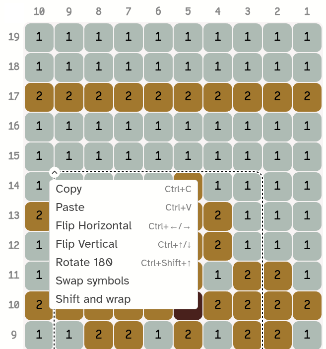 A chart selection with its menu open: copy, paste, flip, rotate, swap symbols, shift and wrap