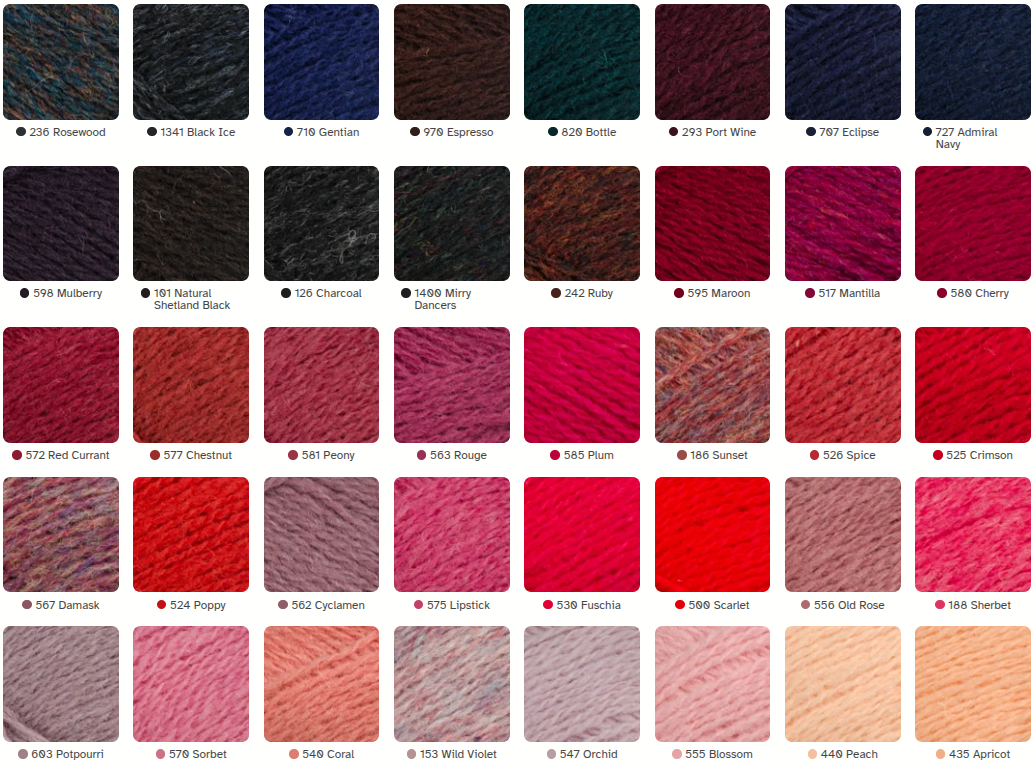 A grid of photographed yarn swatches with their color names